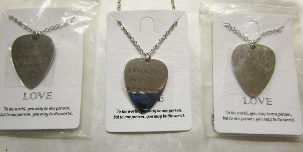 Lot 3 Pc Valentines Day Gift Love Engraved Guitar Pick Silvertone Necklace NEW